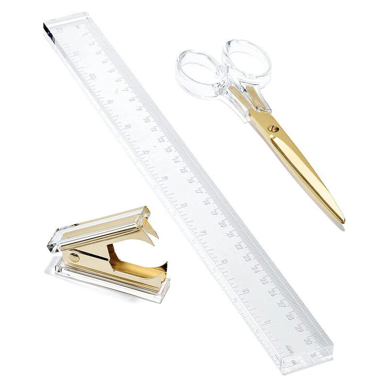 OfficeGoods 3 Piece Acrylic Desk Set - Includes Ruler, Staple Remover, Scissors - Functional & Elegant Desk Accessories - Stationary Tools for Home, Office, and School - Gold - Image 1